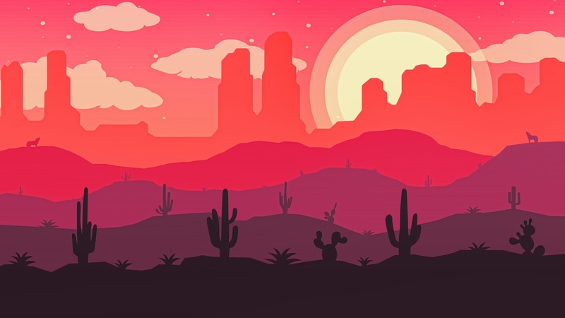 illustration, cactus, nature, Sun, clouds, colorful, plants, red