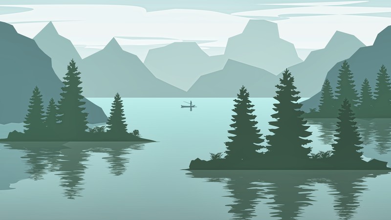 trees, nature, hills, boat, fisherman, water, landscape, artwork, lake