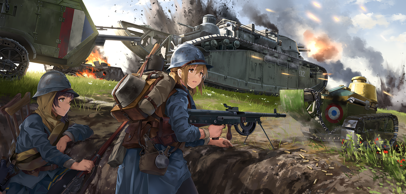 NEKO (Yanshoujie), anime girls, Battlefield 1, tank, nature, weapon, Military Uniform