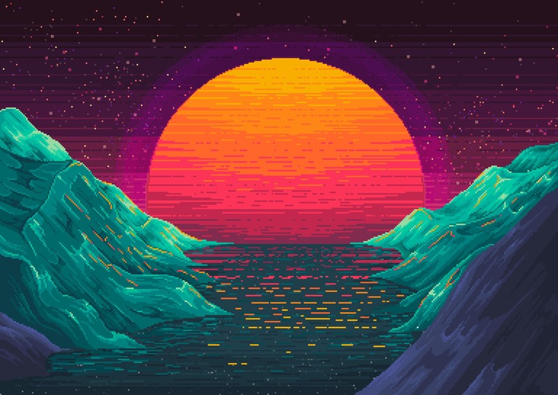 Sun, water, hills, night view, abstract, stars
