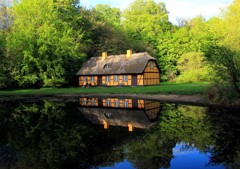 building, house, water, lake, trees, grass, plants, green, nature, landscape