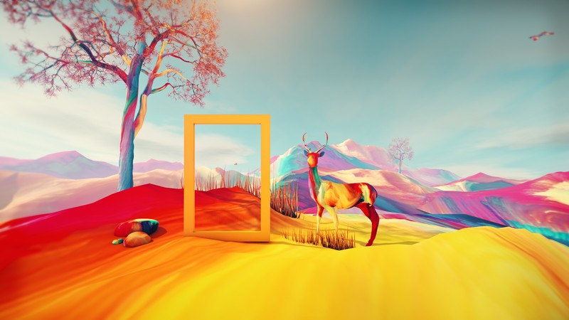 3D Abstract, deer, trees, sand, hills, rocks