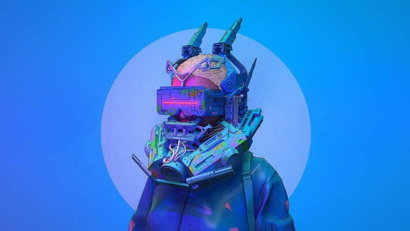 futuristic, blue background, artwork, cyborg, cyberpunk, science fiction