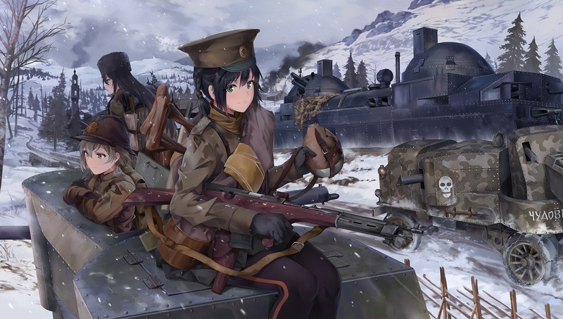 NEKO (Yanshoujie), anime girls, Battlefield 1, tank, nature, weapon, train, snow, Military Uniform