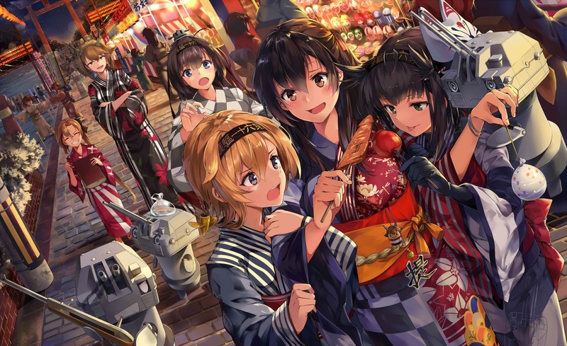 NEKO (Yanshoujie), anime girls, Kantai Collection, yukata, festivals, Japanese clothes, Akigumo (KanColle), Akizuki (KanColle), Hatsuzuki (KanColle), Ikazuchi (KanColle), Inazuma (KanColle), Mutsu (KanColle), Teruzuki (KanColle)