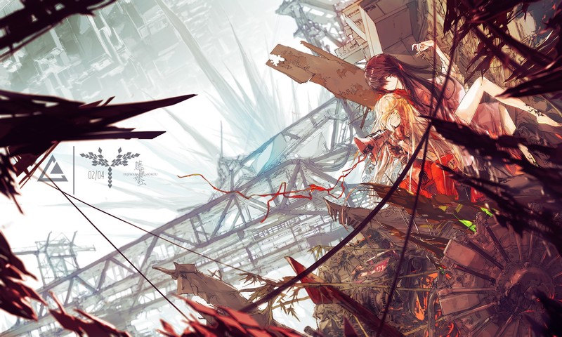 Lowlight Kirilenko, Touhou, anime girls, Fujiwara no Mokou, Houraisan Kaguya, junk, city, megaphones