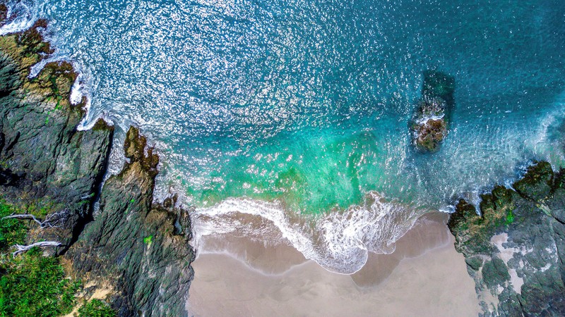top view, sand, beach, rocks, waves, nature, water, aerial view