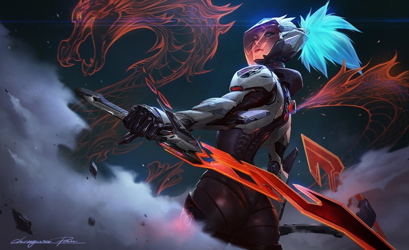 Chengwei Pan, League of Legends, Akali(League of Legends), fan art, drawing, sword, red, helmet, bodysuit, dragon, smoke, blue hair, glowing