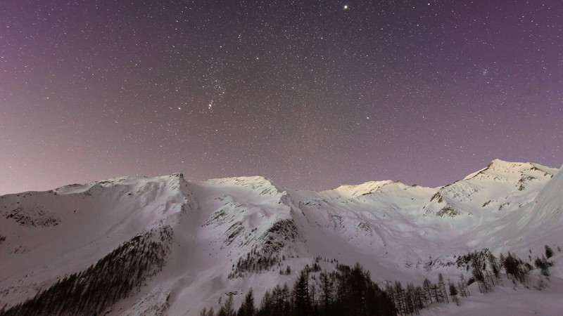 winter, nature, trees, snow, mountains, stars, sky
