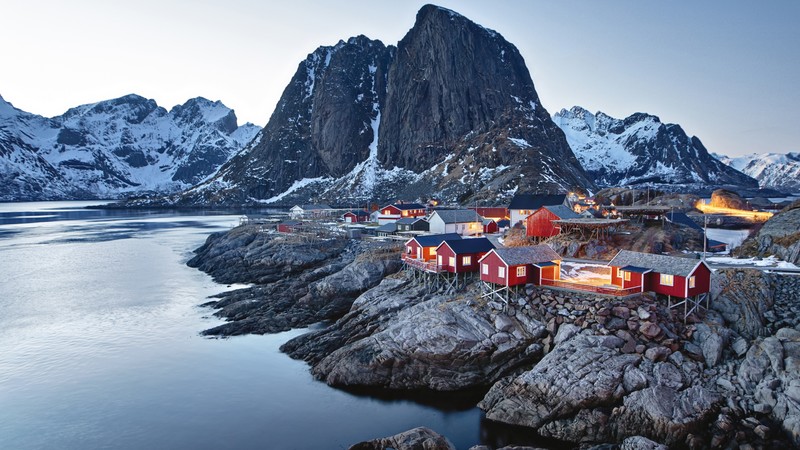 rocks, landscape, building, water, snow, winter, Lofoten Islands, Norway, house, cold, mountains