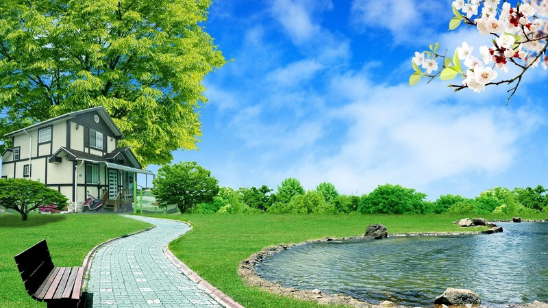 building, house, grass, trees, clouds, water, bench, road, Photoshop