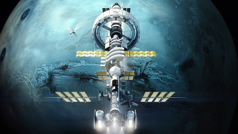 planet, space, futuristic, science fiction, spacestation, digital art, cyan