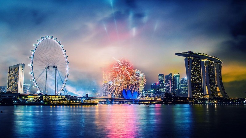 fireworks, building, water, Singapore