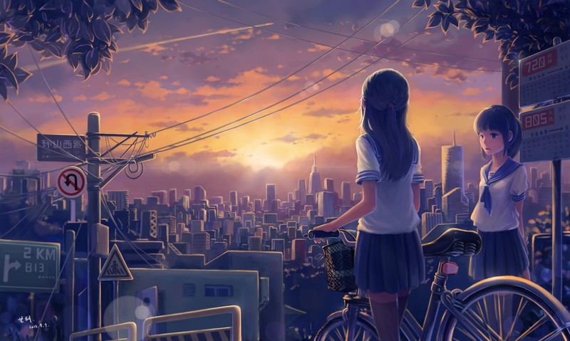 tyc001x, anime girls, original characters, sky, clouds, sunset, long hair, black hair, city, road sign, bikes, trees, school uniform