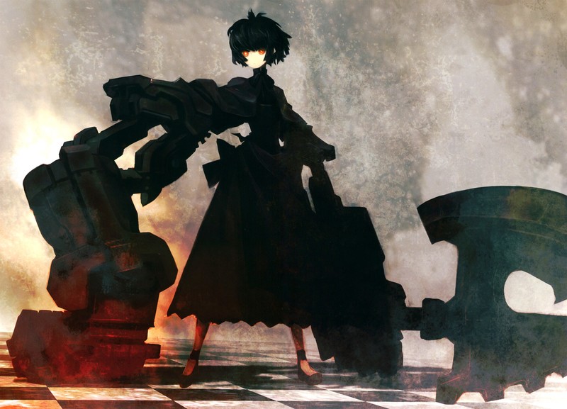 anime girls, Huke (artist), Black Rock Shooter (series), weapon, Strength (Black Rock Shooter), dress, short hair