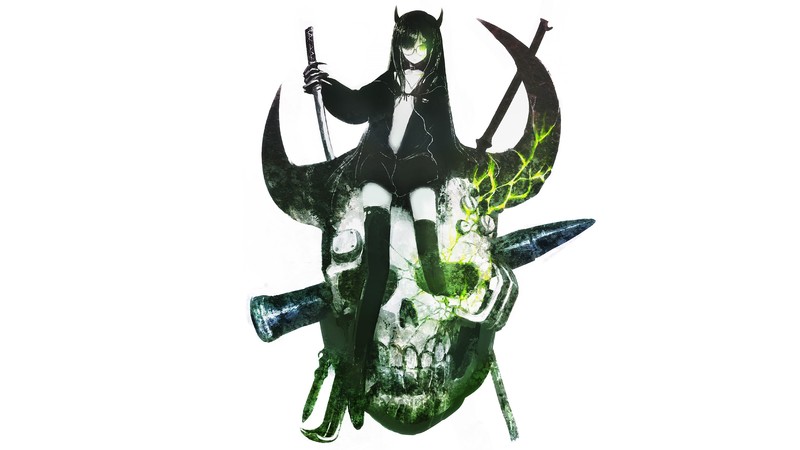 anime girls, Huke (artist), Black Rock Shooter (series), simple background, white background, sword, weapon, eyepatches, skull, shorts, thigh-highs, bikini top, green eyes, black hair, long hair, horns
