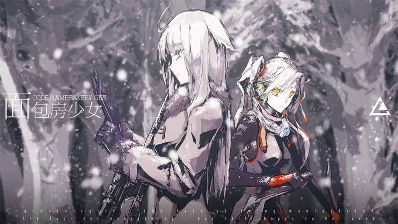anime girls, Lowlight Kirilenko, original characters, weapon, short hair, white hair, snow, blue eyes, long hair, nature, trees, gun, yellow eyes, jacket