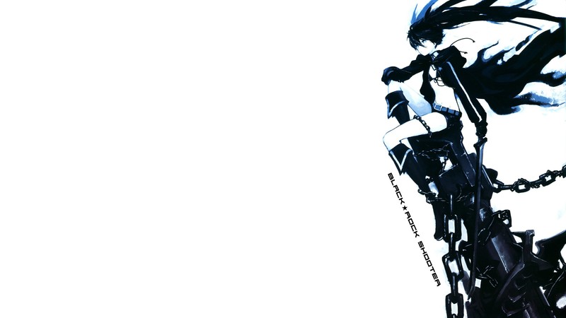 anime girls, Huke (artist), Black Rock Shooter (series), simple background, Black Rock Shooter, long hair, boots, cannons, gun, shorts, chains, weapon