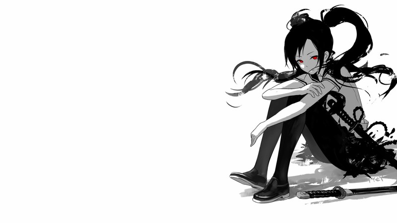 FKEY, anime girls, original characters, simple background, white background, red eyes, long hair, sword, katana, school uniform, twintails, skirt, sitting, pantyhose