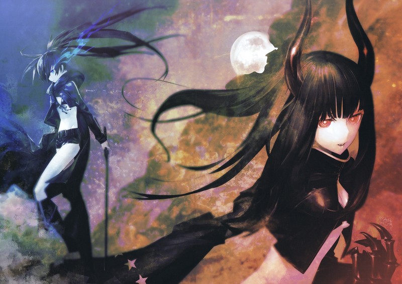 anime girls, Huke (artist), Black Rock Shooter (series), Black Rock Shooter, blue eyes, black hair, long hair, twintails, boots, cannons, shorts, horns, red eyes, Black Gold Saw