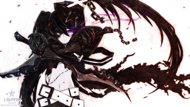 anime girls, Huke (artist), Black Rock Shooter (series), sword, chains, twintails, scars, armor, purple eyes, Insane Black Rock Shooter, black hair, weapon, long hair