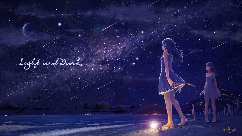 tyc001x, anime girls, original characters, sky, clouds, sea, Moon, stars, night, dress, long hair, lamp, nature, mountains, beach, ribbon, black hair