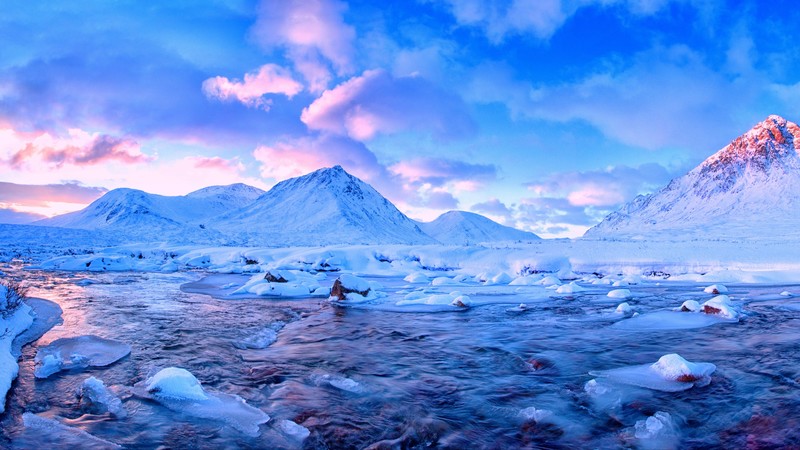 snow, mountains, clouds, ice, river, water, sunlight, sunset