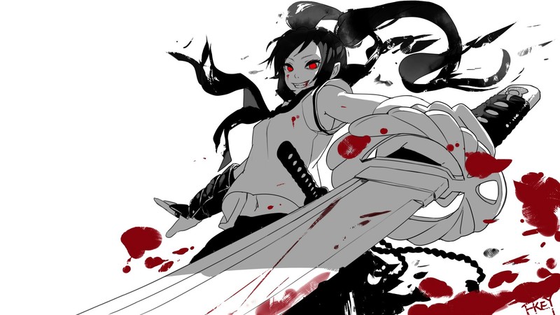 FKEY, anime girls, original characters, simple background, white background, red eyes, long hair, sword, katana, school uniform, twintails, skirt, blood