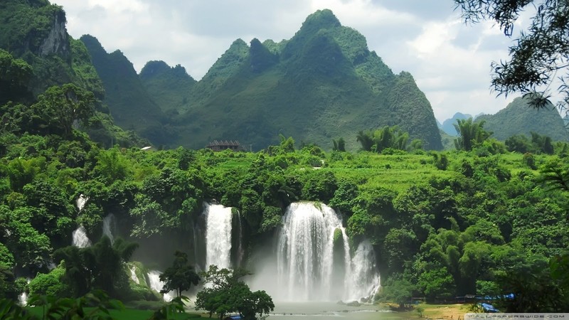 water, green, waterfall, forest, Cambodia, trees, plants, nature, clouds, landscape, rocks