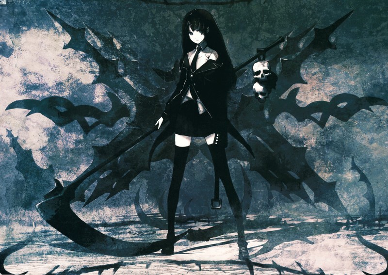 anime girls, Huke (artist), Black Rock Shooter (series), scythe, weapon, black hair, long hair, thigh-highs, skull, black eyes, skirt, school uniform, Death Scythe