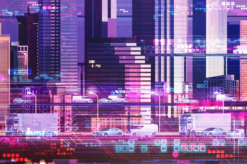 neon, artwork, digital art, city, cityscape, car, truck, vehicle