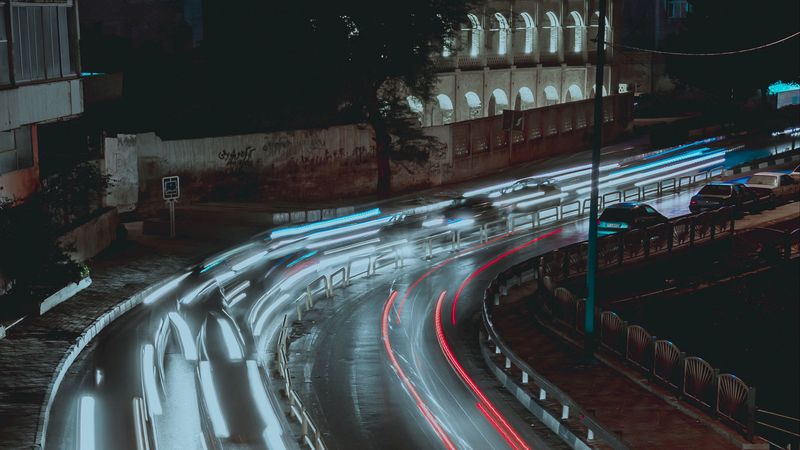 road, turn, long exposure, night, 4k