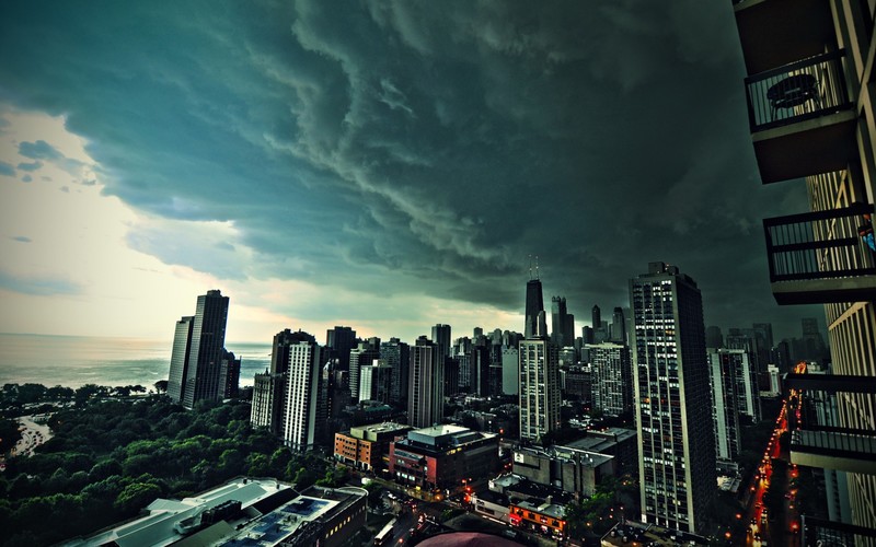 building, city, clouds, skyscraper, storm, Chicago, car, lights, window, trees, landscape