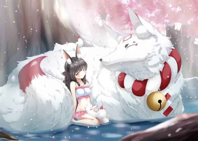Nagato (Azur Lane), animal ears, black hair, blush, cherry blossom, water, anthropomorphism, long hair, flowers, Azur Lane