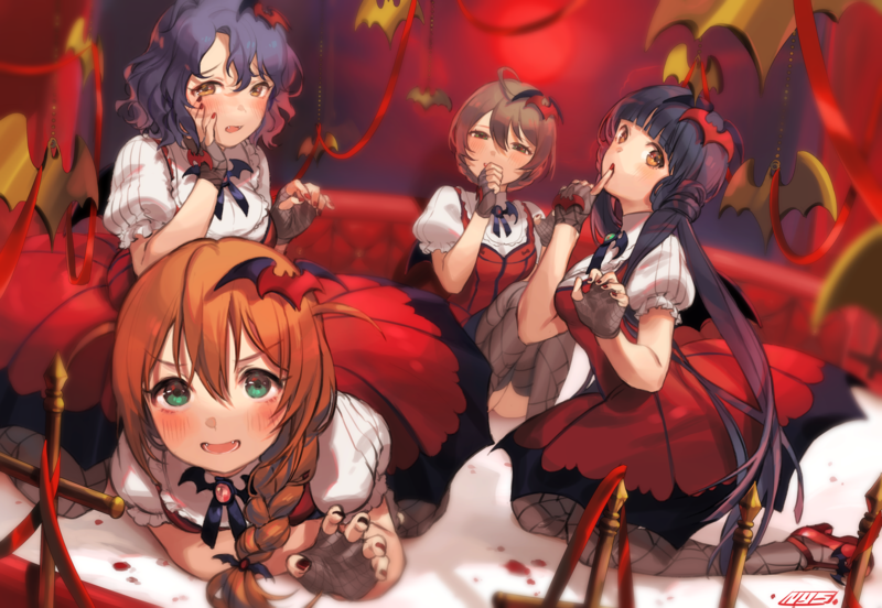THE, Sakuramori Kaori, braids, dress, ponytail, vampira, blush, short hair, green eyes, Fang