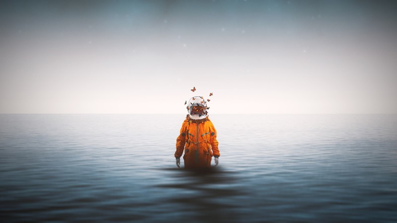 4K, alone, astronaut, butterfly, frontal view