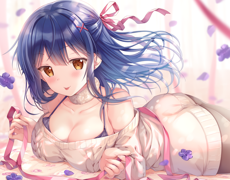 ass, blue hair, brown eyes, blush, cleavage, ribbons, long hair, flowers