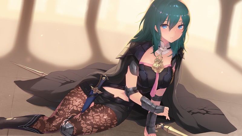 Fire Emblem, blue eyes, green hair, long hair, blush, cape, pantyhose, garter belt, shorts, weapon, sword, fire emblem three houses, Byleth Eisner, Byleth