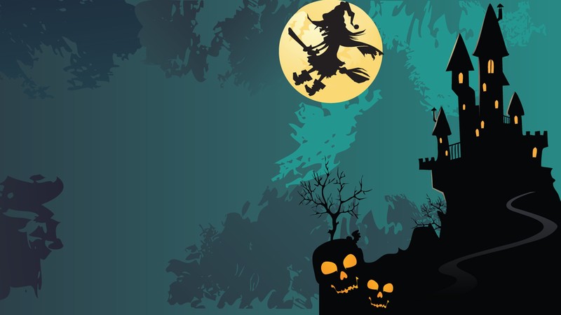 vector art, vector, Halloween, witch, Moon, castle, skull, teal