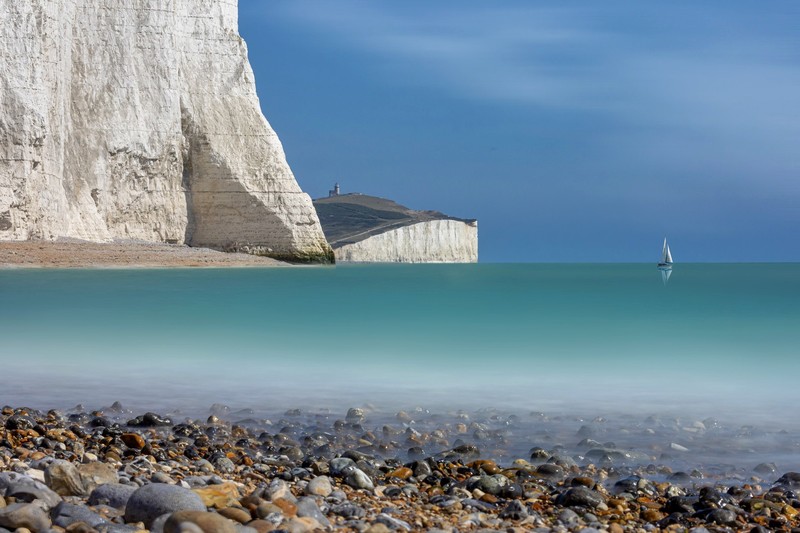 sea, coast, water, rock, cliff, sailboats, Cliffs of Dover