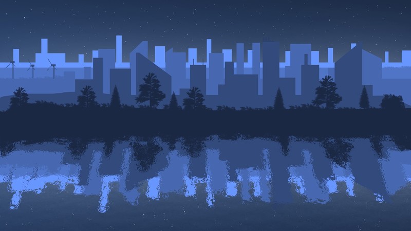 architecture, artwork, cityscape, modern, trees, reflection, blue, night, stars, digital art, minimalism