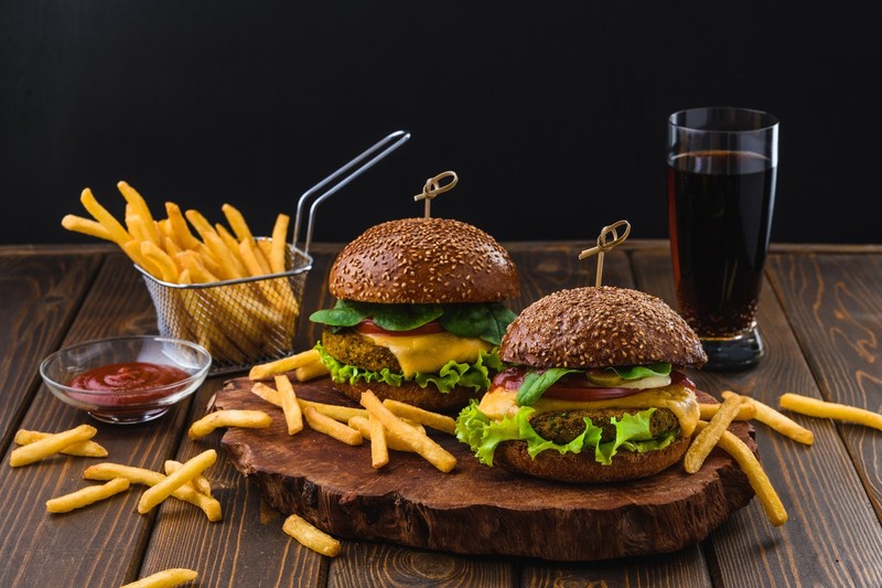food, still life, Fries, burgers, meat, flesh, muscles, animals, cow, death, cheese, tomatoes, ketchup, lettuce, bread, cutting board, wooden surface