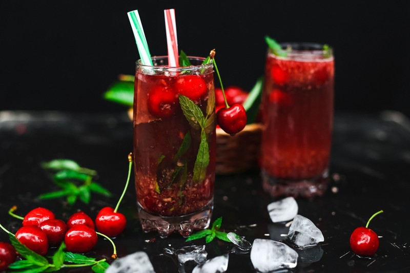 fruit, food, cherries, cocktail, mint leaves, ice, drinking straw