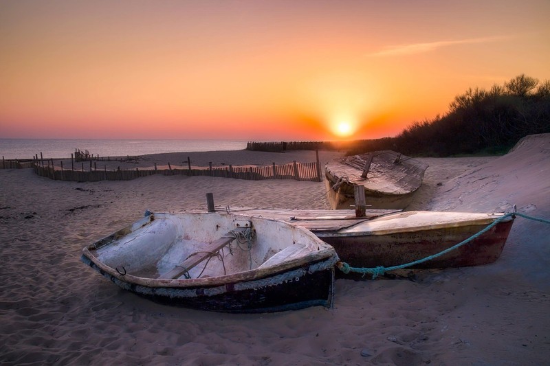 sunlight, outdoors, boat, vehicle, beach, sunset