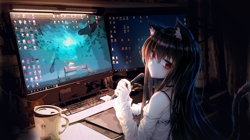 anime, anime girls, digital art, artwork, 2D, portrait, nekomimi, computer, long hair, black hair, red eyes, neko ears