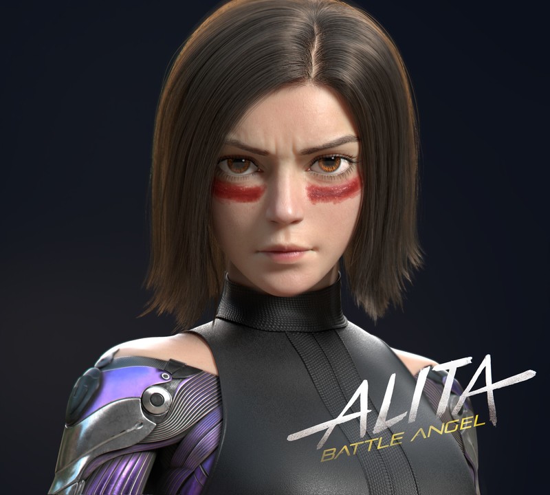 Alita: Battle Angel, Alita, CGI, portrait, simple background, face paint, short hair