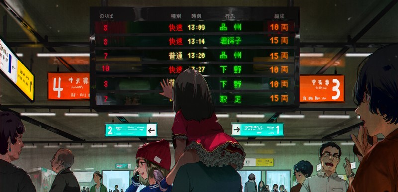 anime, urban, numbers, anime girls, city, original characters, train station