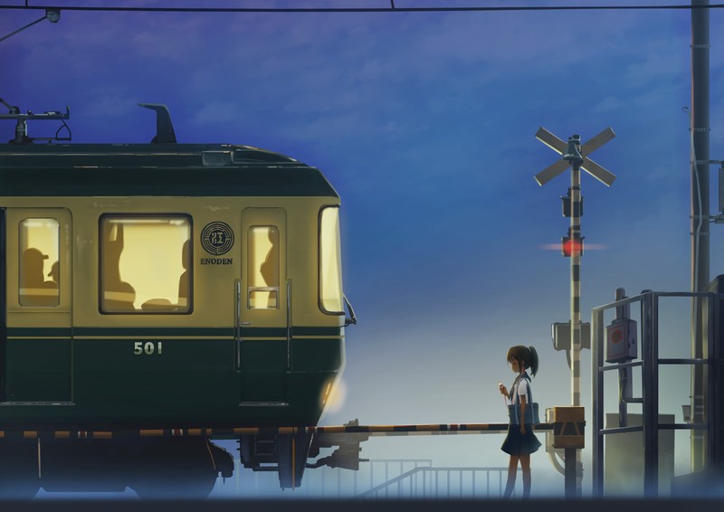 anime, sky, landscape, train, school uniform, headphones