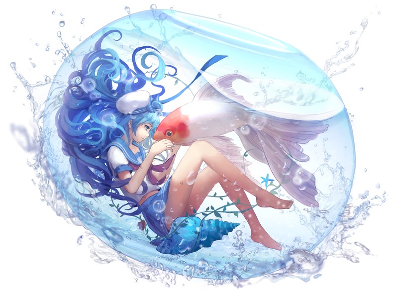 anime, anime girls, long hair, blue hair, school uniform, fish, bubble