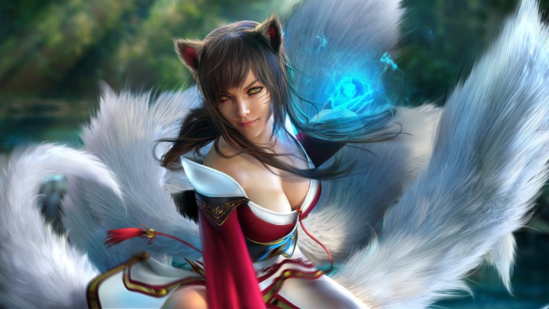 Sevenbees, League of Legends, CGI, Ahri (League of Legends), Ahri, nine tails, magician, spell, yellow eyes, fox
